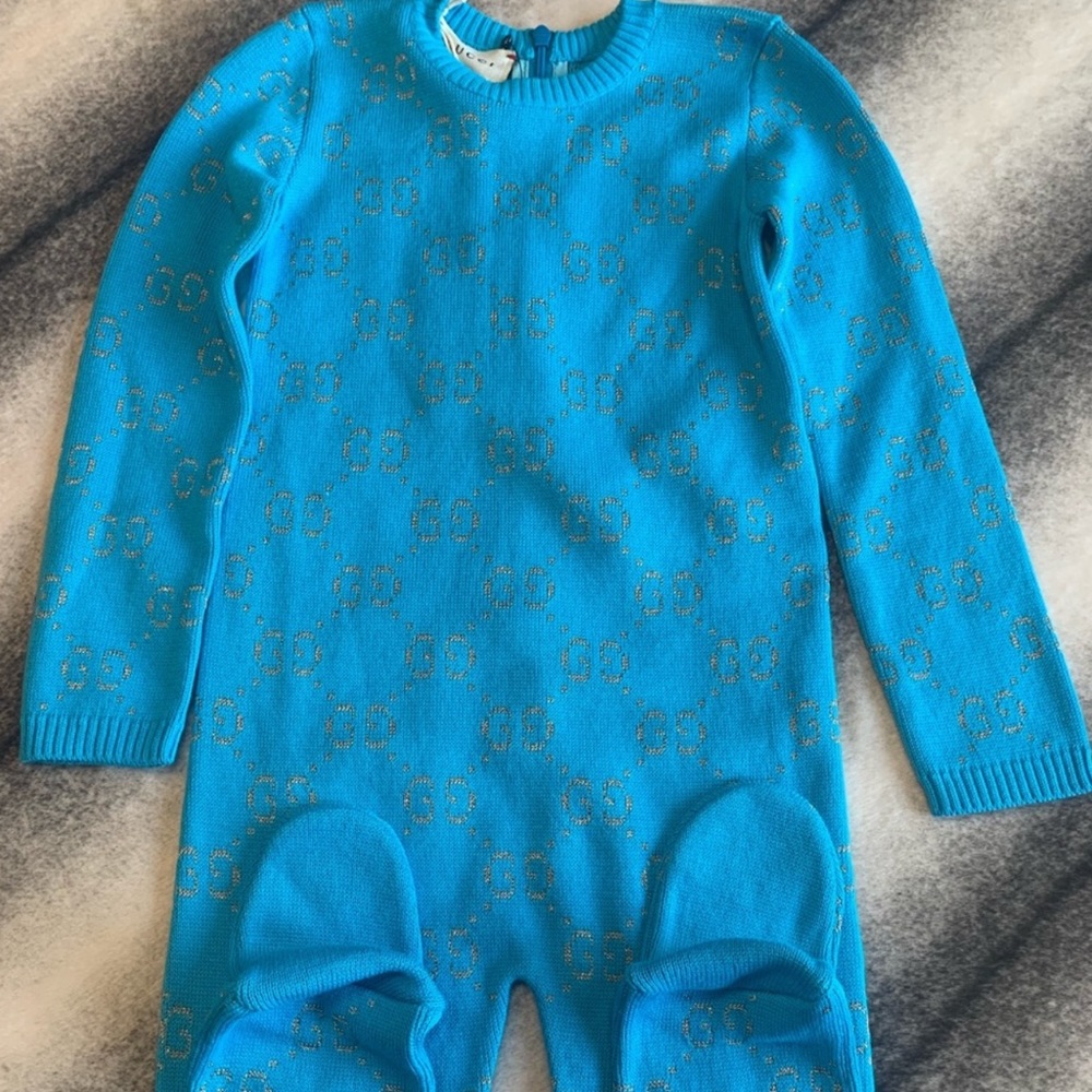 Gucci Double G Long Sleeve All In One One Piece GG Logo Gold Turquoise Onesie